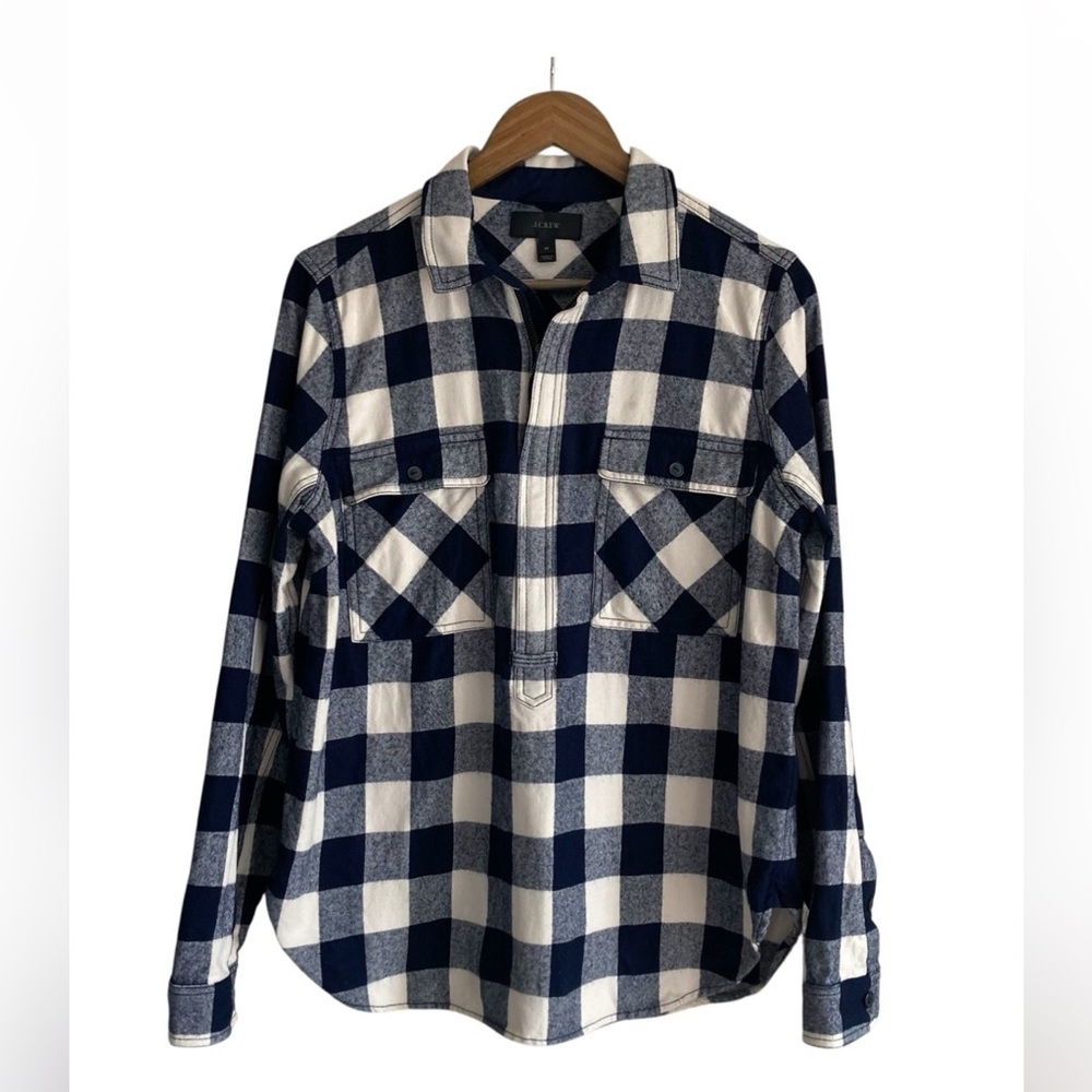 J.CREW Women's Navy and Cream Buffalo Check Plaid Half-Zip Shirt Shirt Jacket - Picture 2 of 13